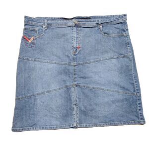 Mecca Femme Denim Midi Skirt Women's 24 Blue Y2K Panel Stretch Embroidered